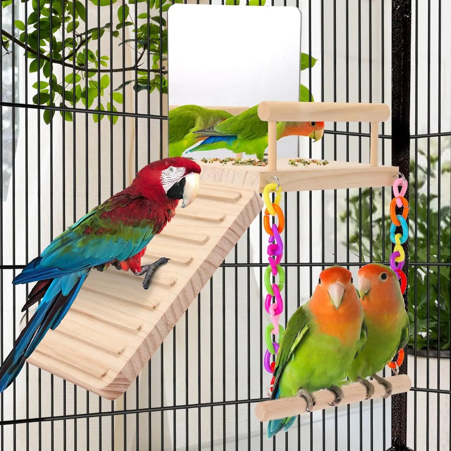 Wooden Bird Play Gym with Mirror Swing Perch for Parakeets Cockatiels Lovebirds Budgies Finch Canaries - Cage Accessories