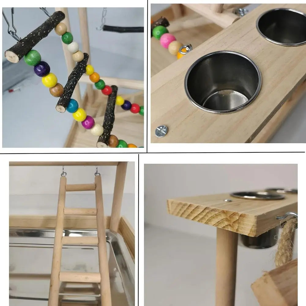 Bird Play Gym with Climbing Ladders, Swings, Chew Toys, and Parakeet Cups for Parrots, Conures, and Lovebirds (Includes Tray)