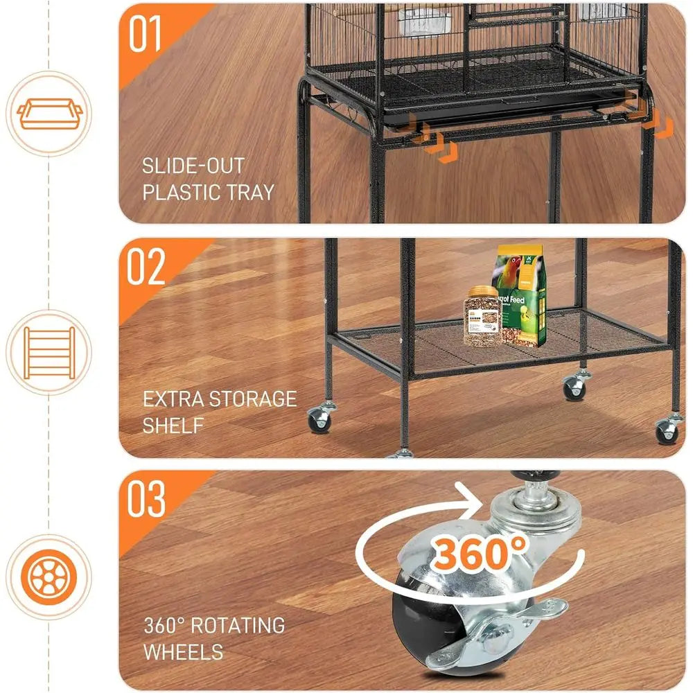 53-inch Durable Wrought Iron ParaCage with Slide Out Tray, Suitable for Small/Medium Birds (Black, 53 inch)