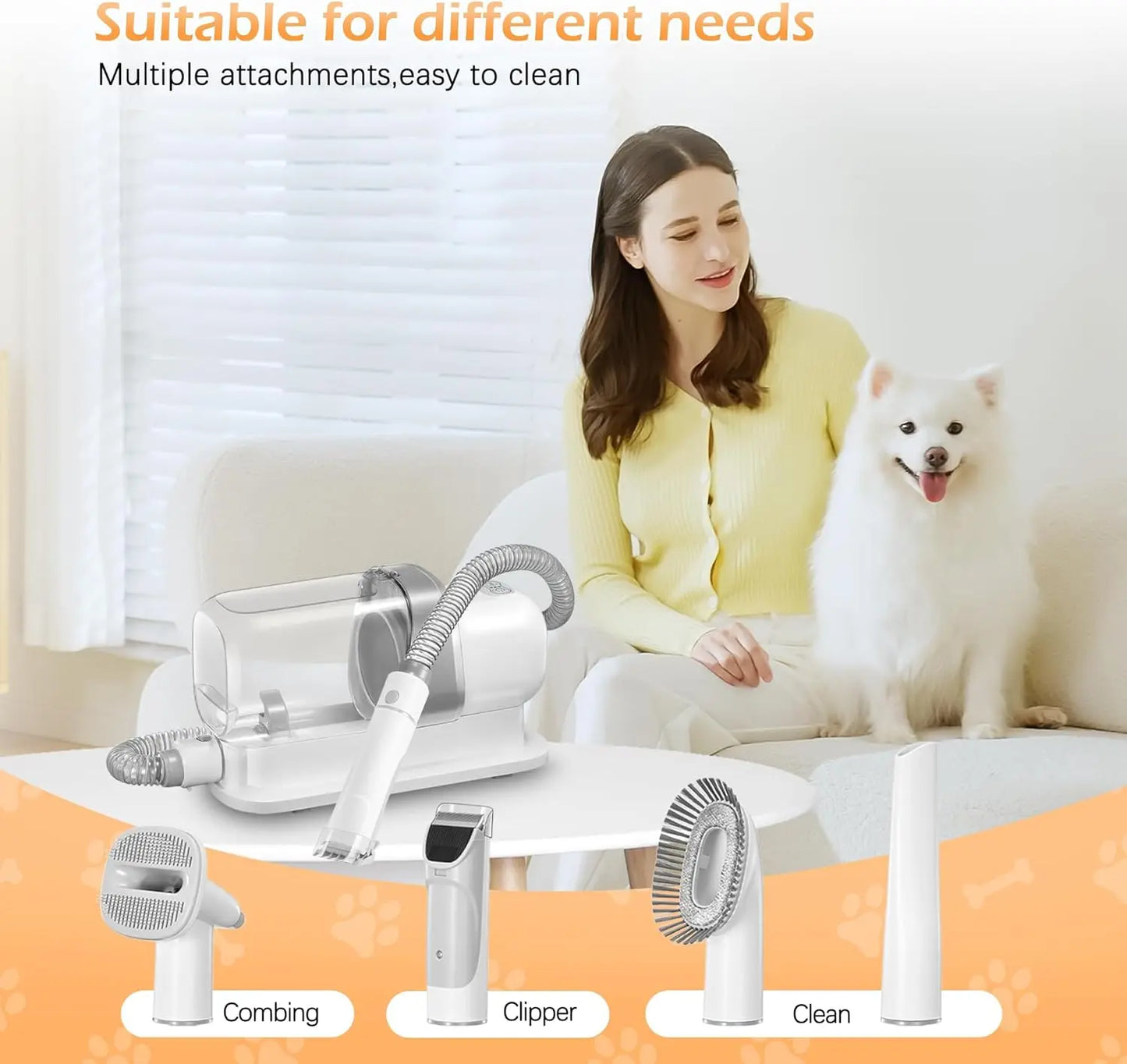 Pet Grooming Vacuum Kit with 2.3L Dust Cup, Low Noise, 5 Tools for Dog Cat Hair Shedding