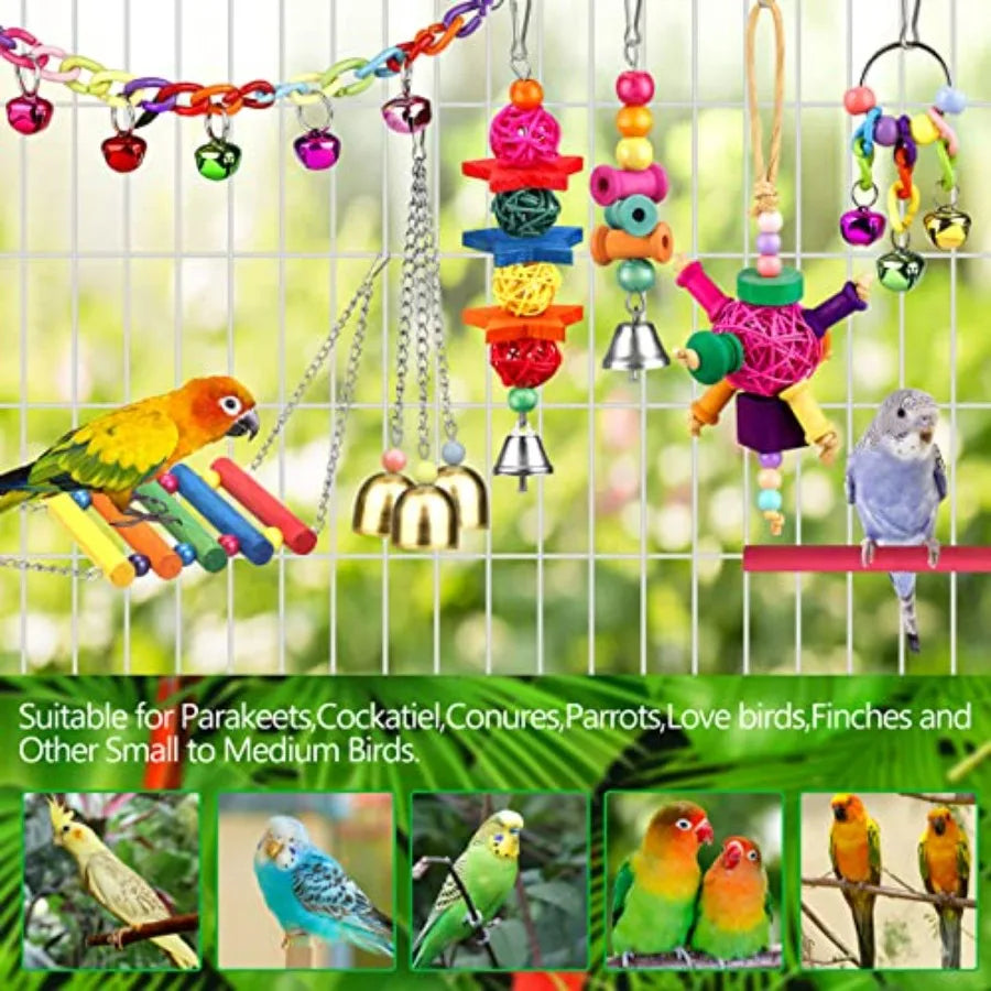 Bird Toys for Conures with Colorful Ladder Hammock Bird Cage Accerious Bird Perch Stand Chewing Toys Hanging Bell for Parrot Pa