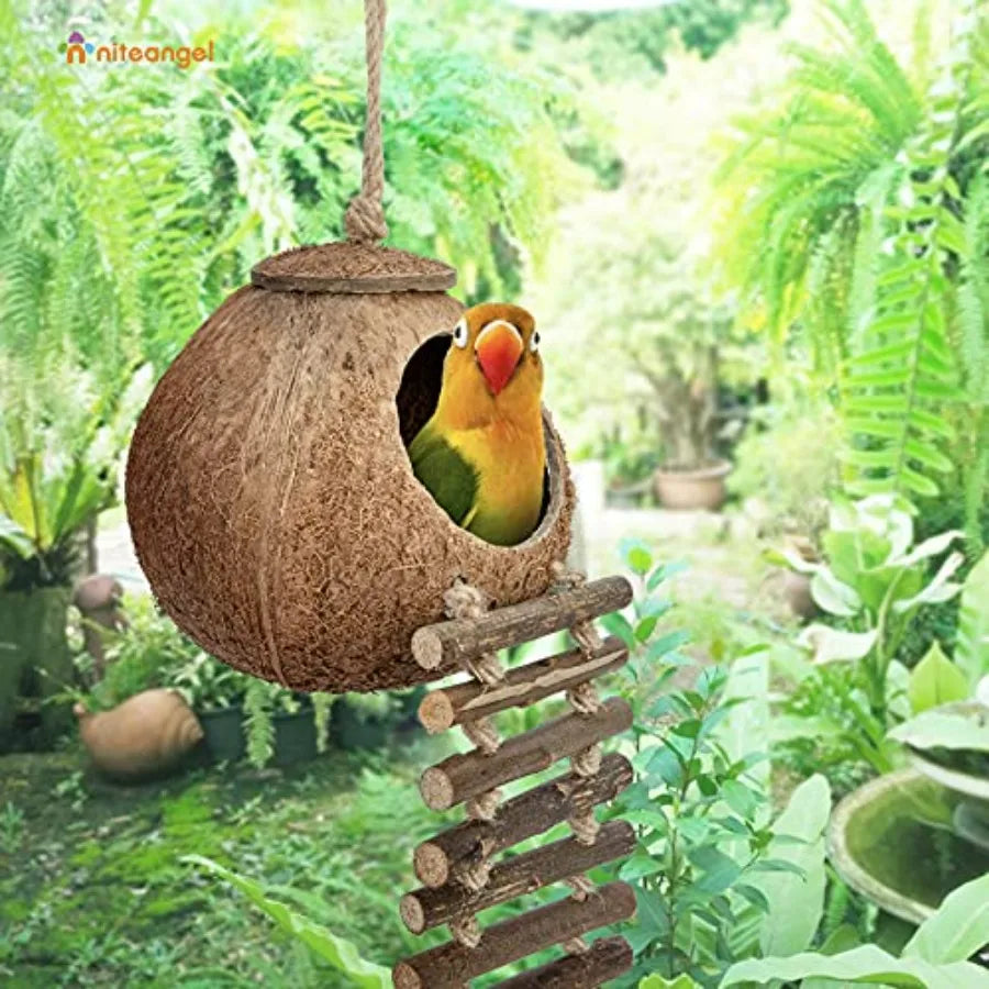 Natural Coconut Hideaway with Ladder, Bird and Small Animal Toy House with Ladder
