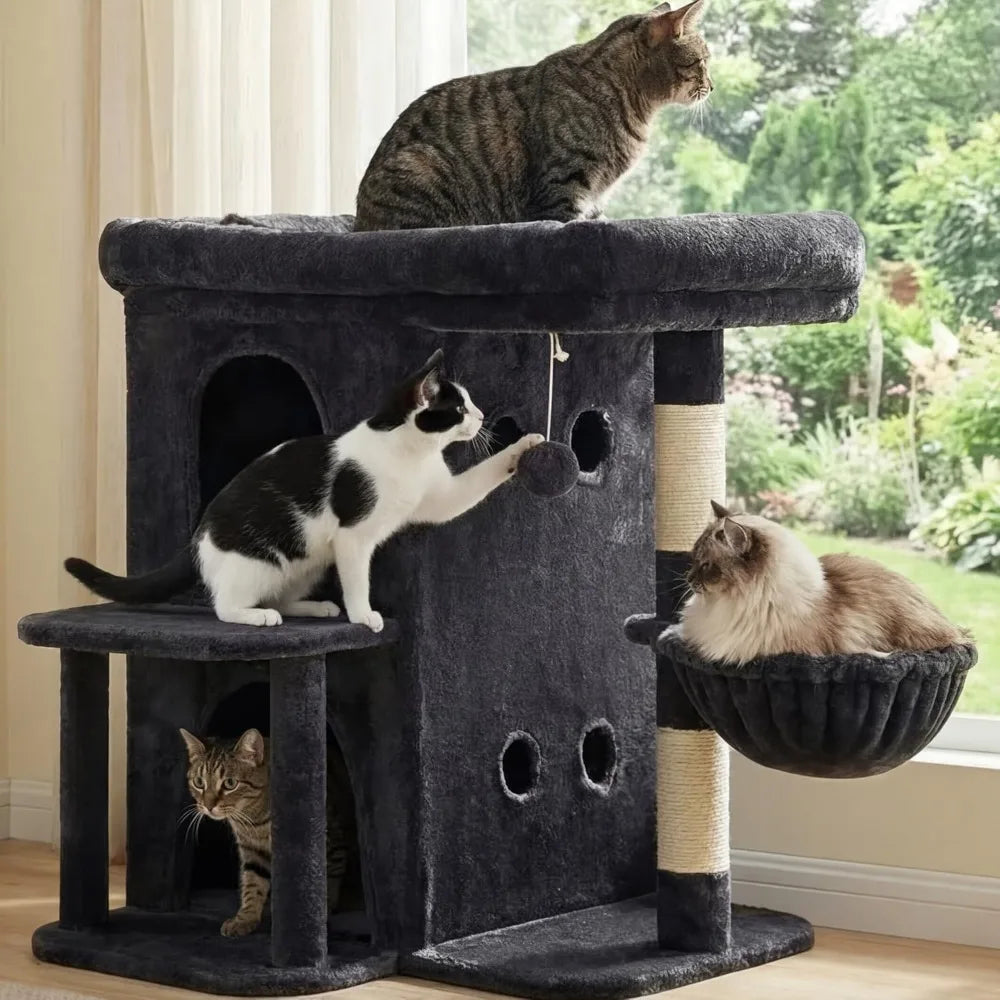 25.6 inch tall cat tower with large perch dual condos sisal posts cozy basket and dangling toy for big cats