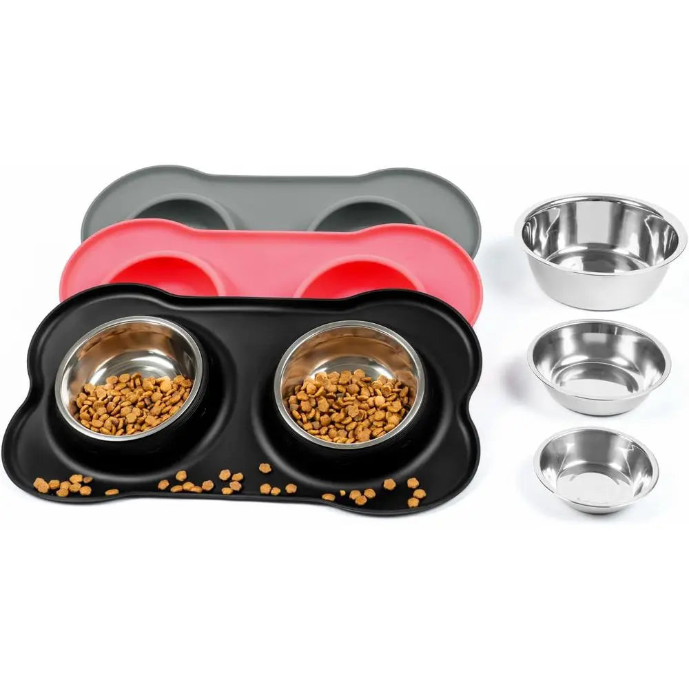 Dog Bowls with Silicone Feeding Mat, No Spill Food Water Dish Set, Dishwasher Safe, 2 Stainless Steel Puppy Bowls, Suitable for
