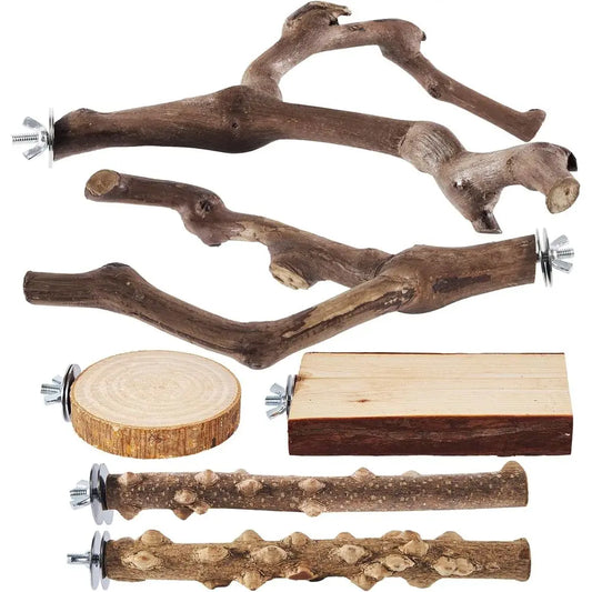 Natural Wood Bird Perch Set With Grape Sticks For Parakeets