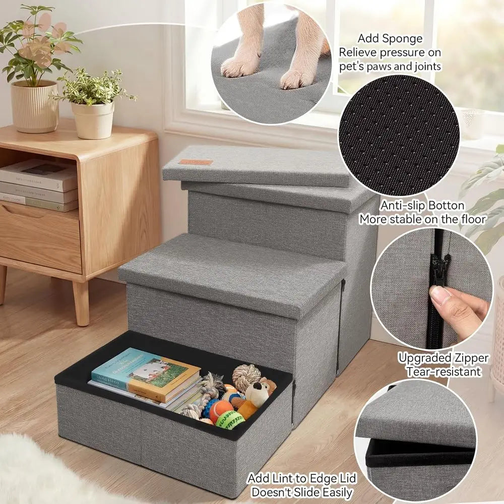 Wider Dog Bed with Storage 18 H, Foldable Dog Stairs, Small Medium Large Older Senior Animal, Sturdy Dog Step, Arthritis-Friendl