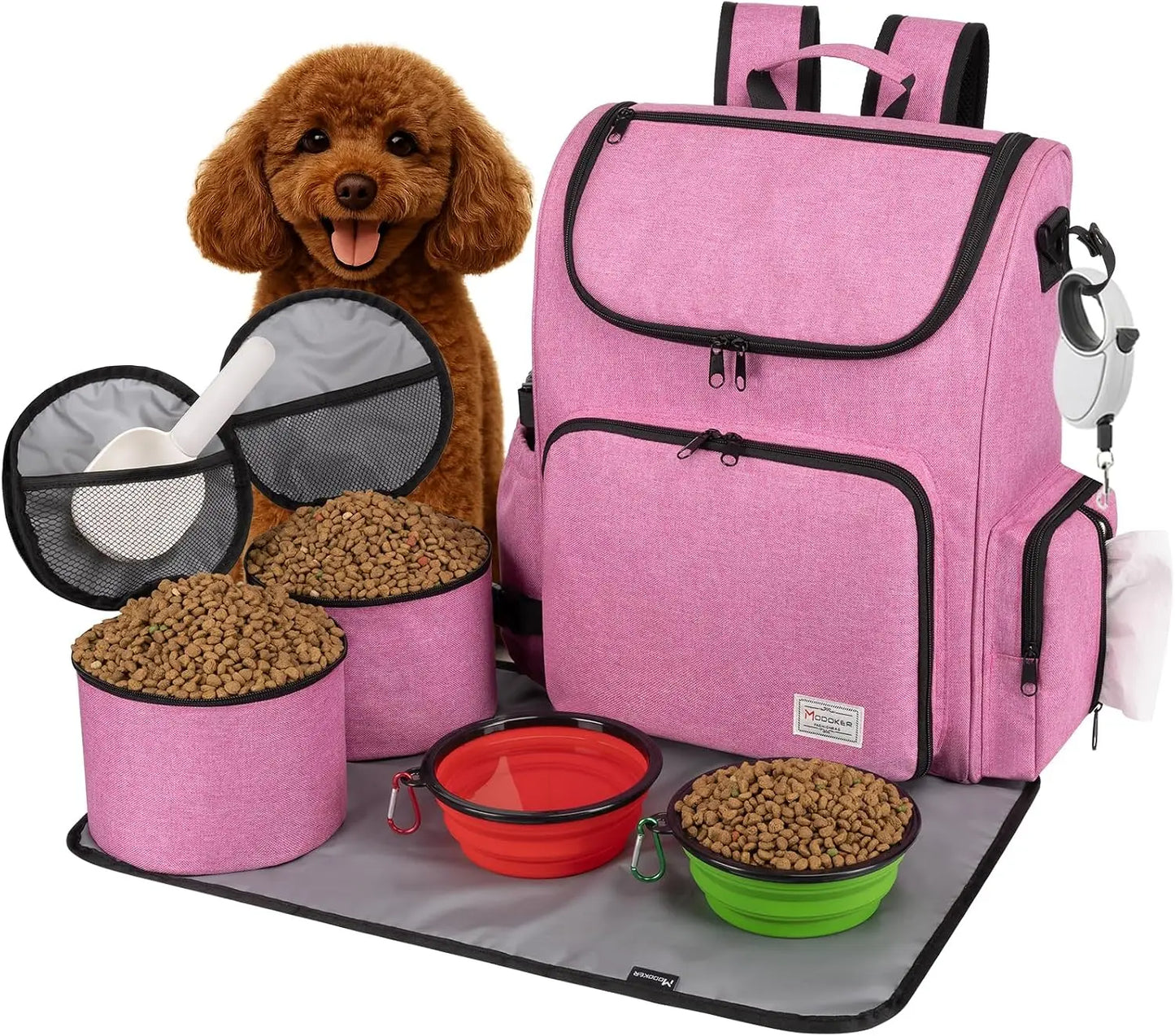 Airline Approved Dog Travel Bag Backpack, Pet Carrier Organizer with Bowls, Food Containers, Mat, Pink