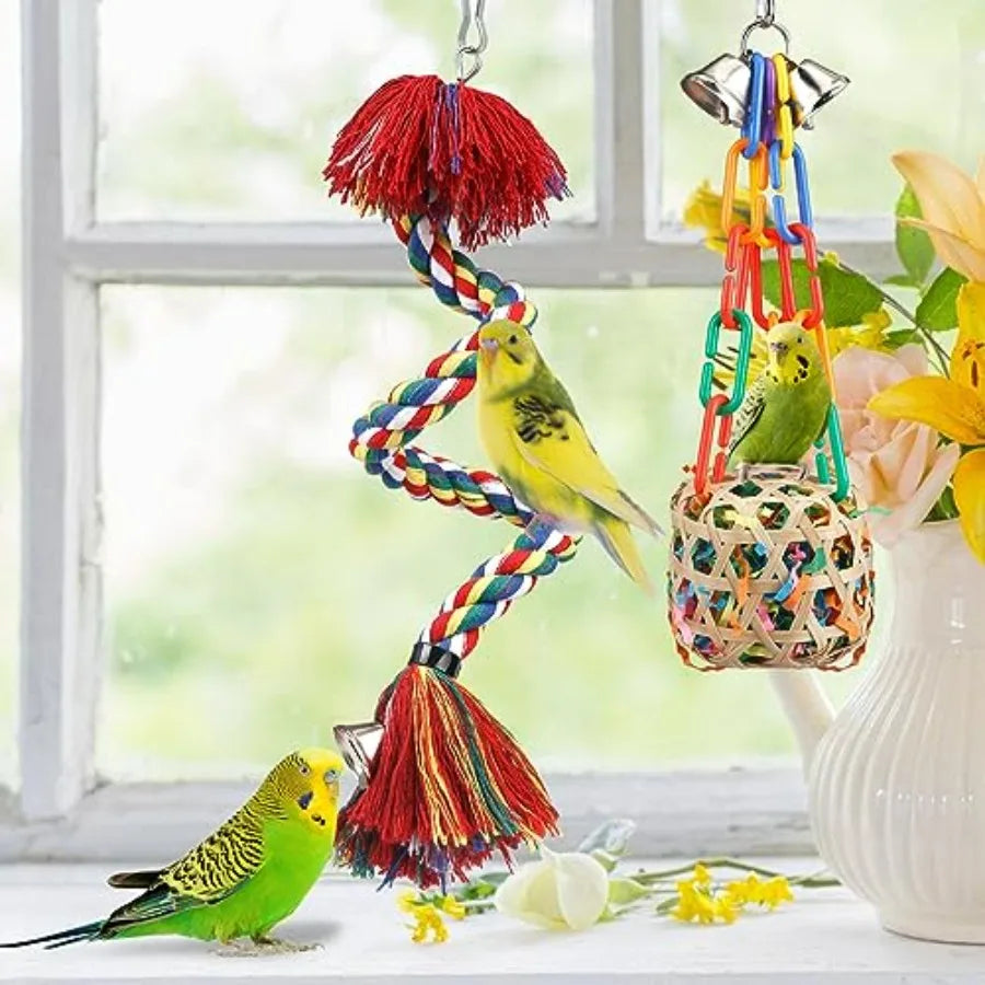 Bird Toys Rope Perch with Bell Colorful Bird Chewing Shredding Foraging Toys Parrot Swing Climbing Standing Hanging Toys Cage A