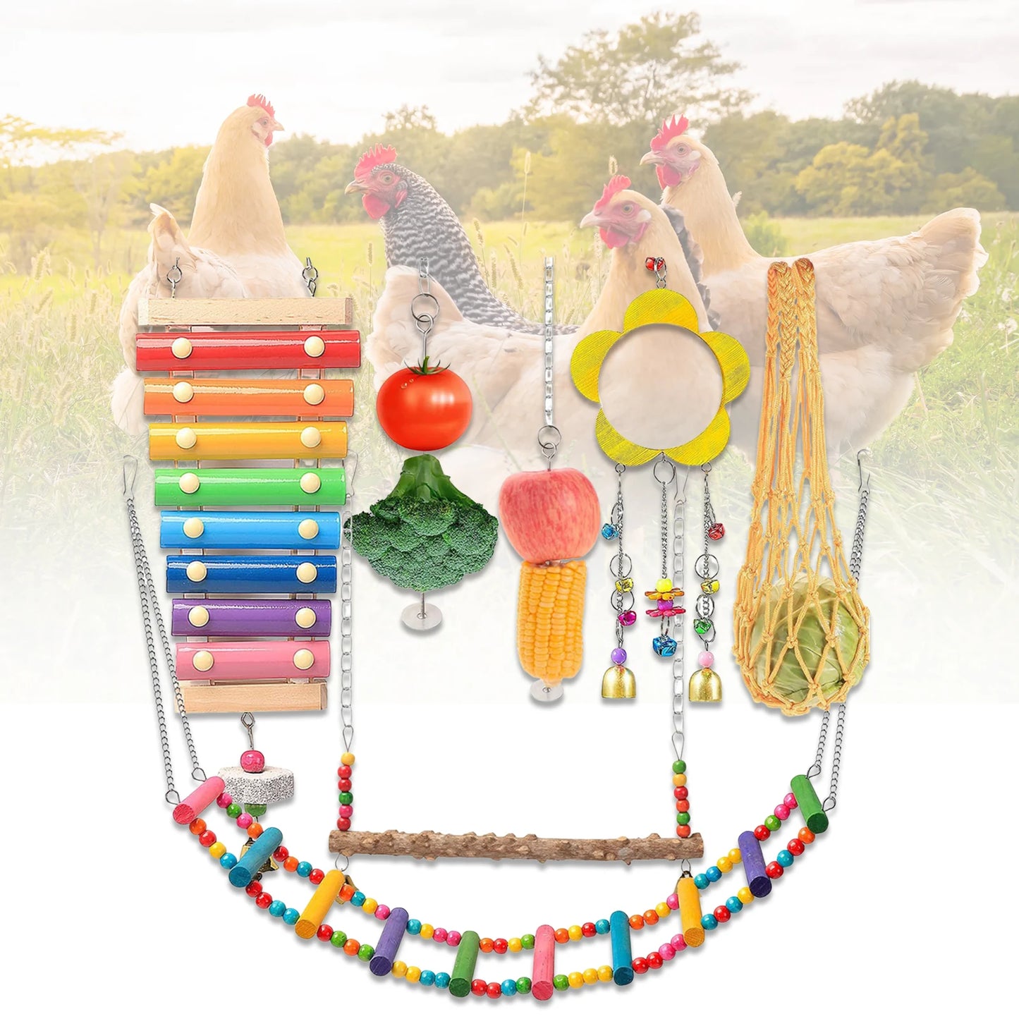 7PCS Chewing Foraging Toy with Wooden Hanging Feeder Chicken Toy Set Chewing Training Toy Chicken Toy Set Rooster Hen Chick Toys