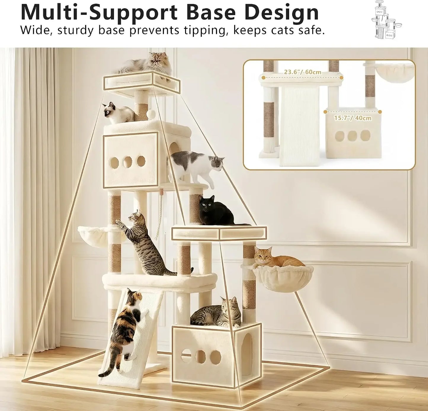 72.4" Anti-Tip Cat Tree for Large Cats, All-in-One Furniture with Scratching Board, Beige