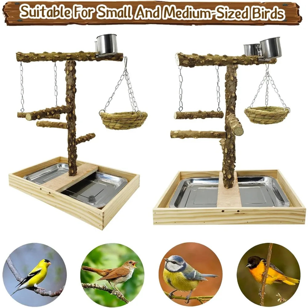 NBVCX Natural Wood Bird Perch Stand With Nest And Cups