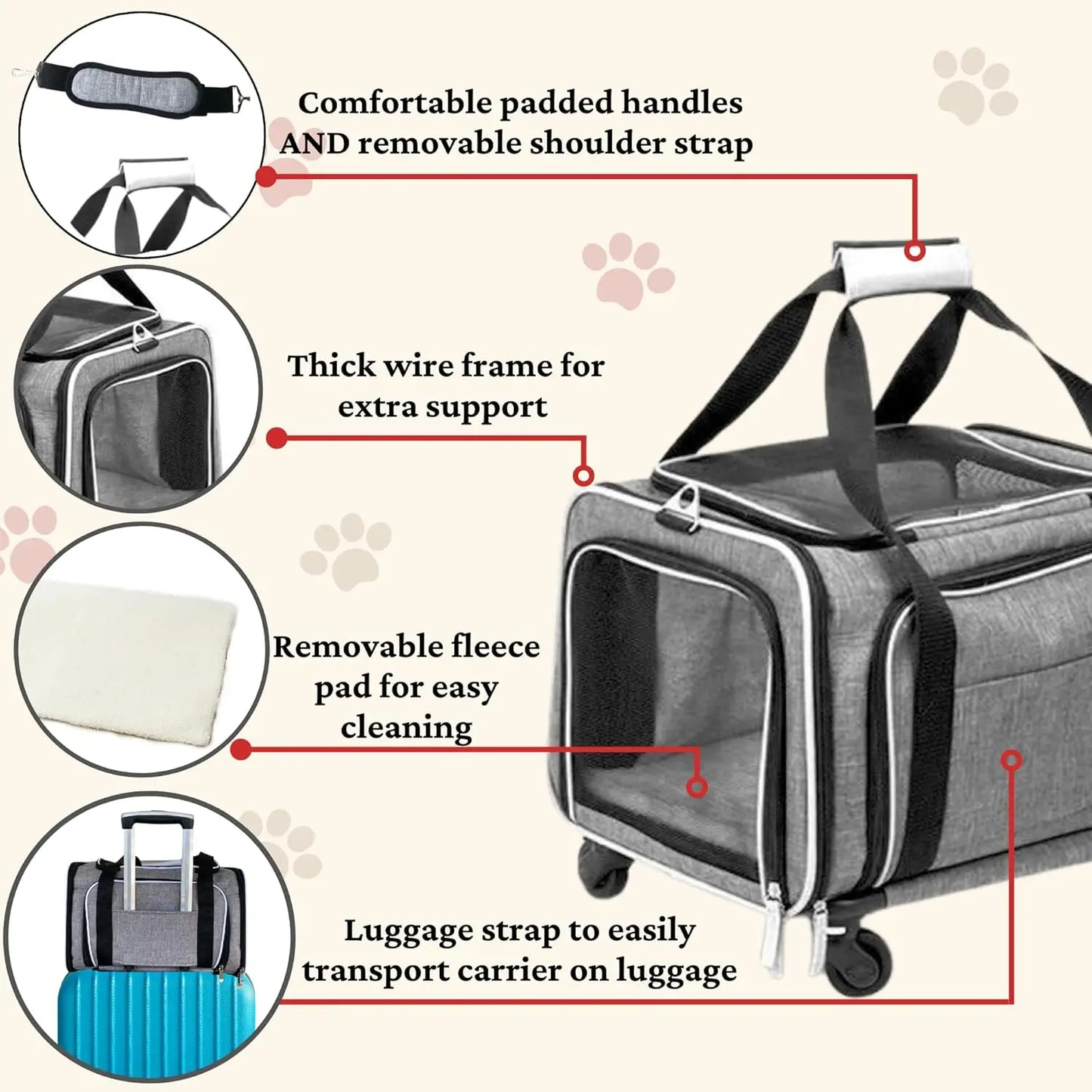 Expandable Pet Carrier with Wheels for Dogs & Cats, Airline Approved, Soft Lined and Spacious in Grey