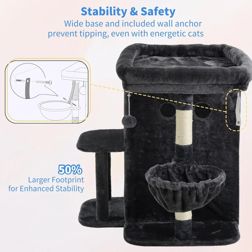 25.6 inch tall cat tower with large perch dual condos sisal posts cozy basket and dangling toy for big cats