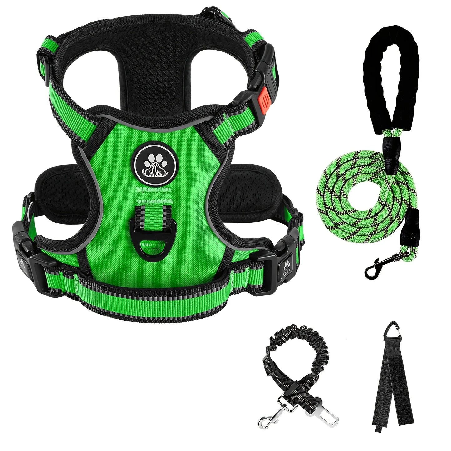 No Pull Dog Harness, Dog Collar, 1 Professional Dog Leash & 1 Retractable Seatbelt & 1 Storage Strap Fully Reflective Adjustable Breathable Dog Harness with Handle, Collar De Perro, No Choke Pet Vest Harness for Small And Lar