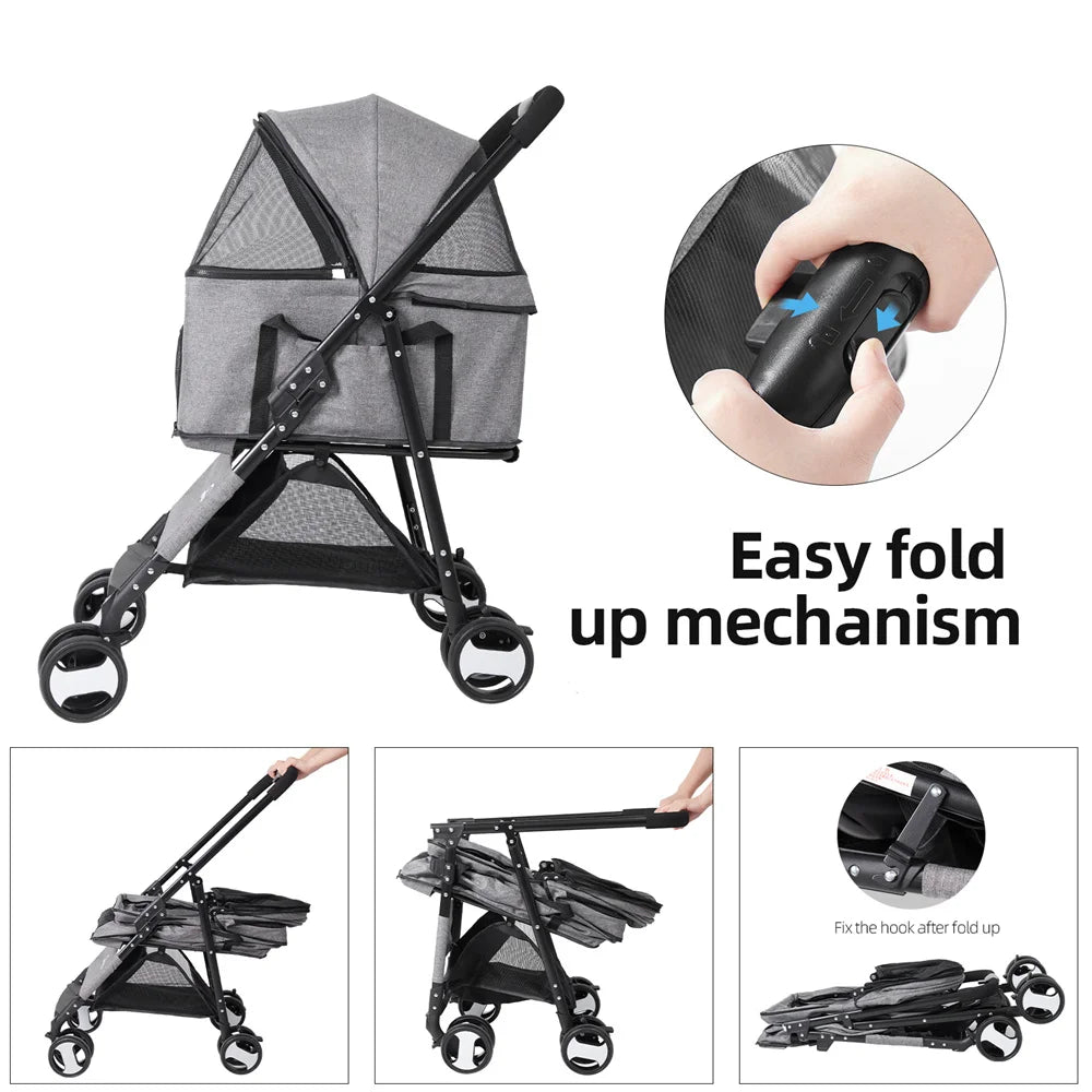 Foldable Pet Stroller With 4 Wheels And Rain Cover
