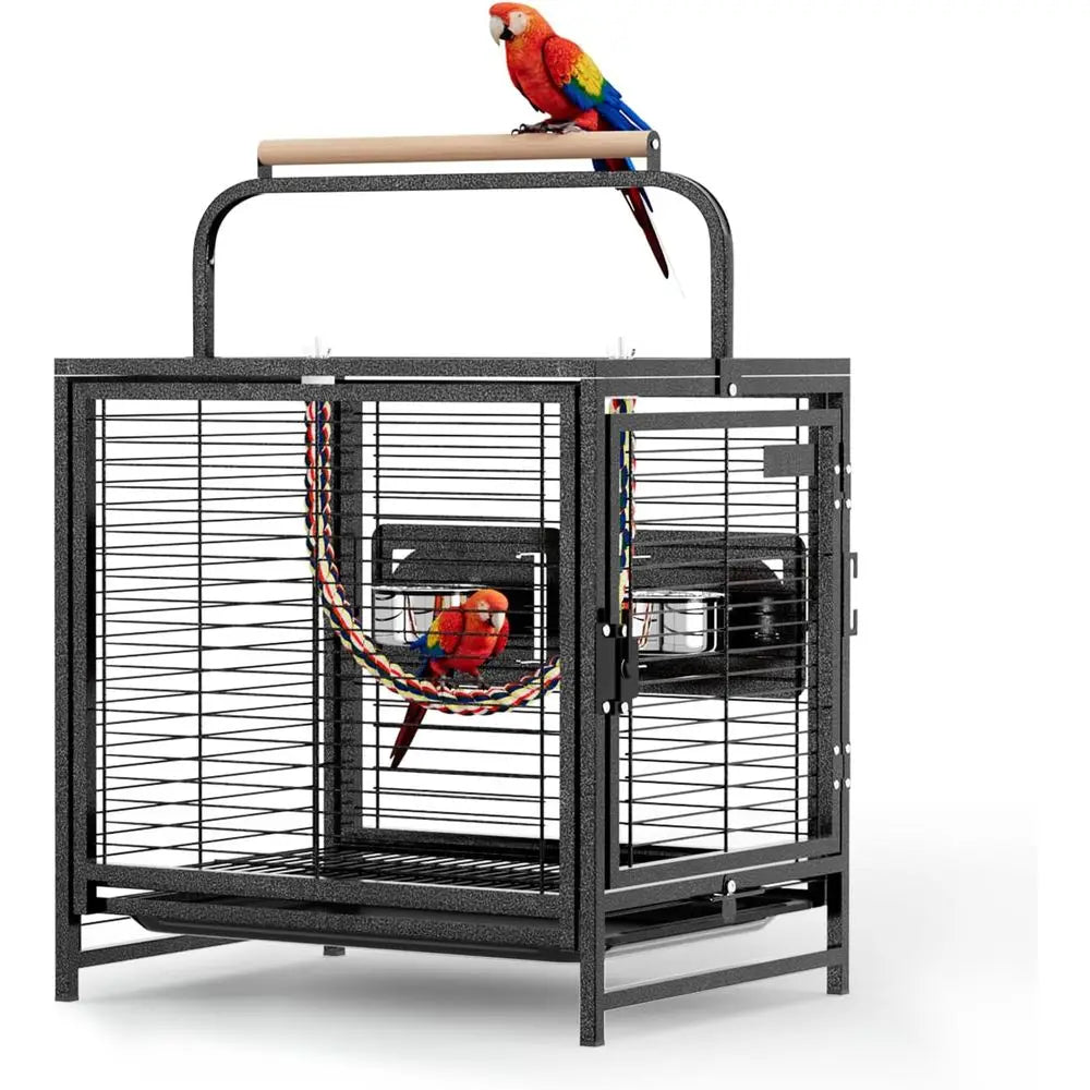19 inch Travel Carrier Bird Cage with Handle, Wrought Iron ParaCage, Wooden Perch for Small/Medium Birds (Hammertone Black)