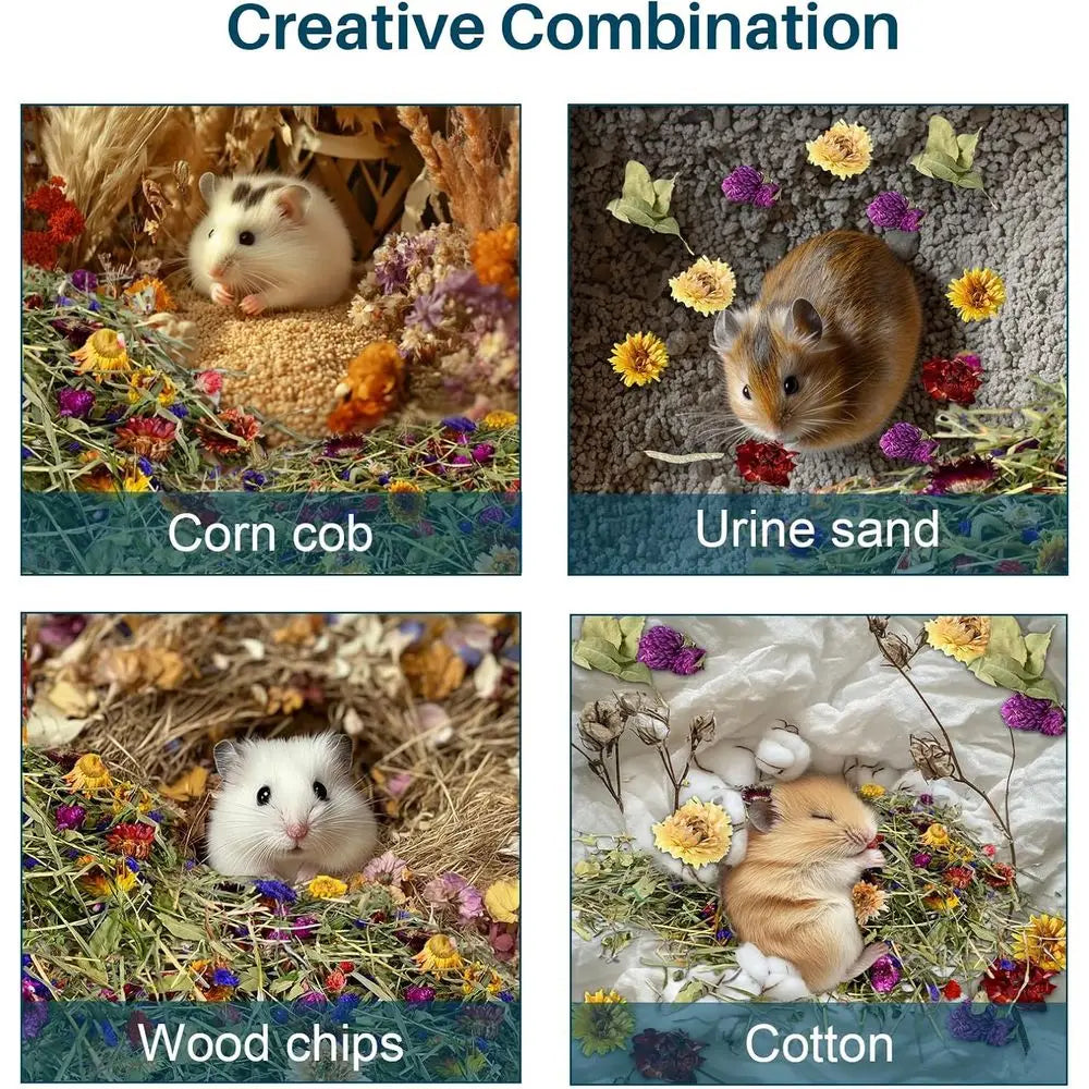200G Hamster Bedding - Lowers & Herbs Odor Control for Dwarf Gerbil, Robo Habitat Decor, Suitable for Hamsters, Gerbils, Mice, L