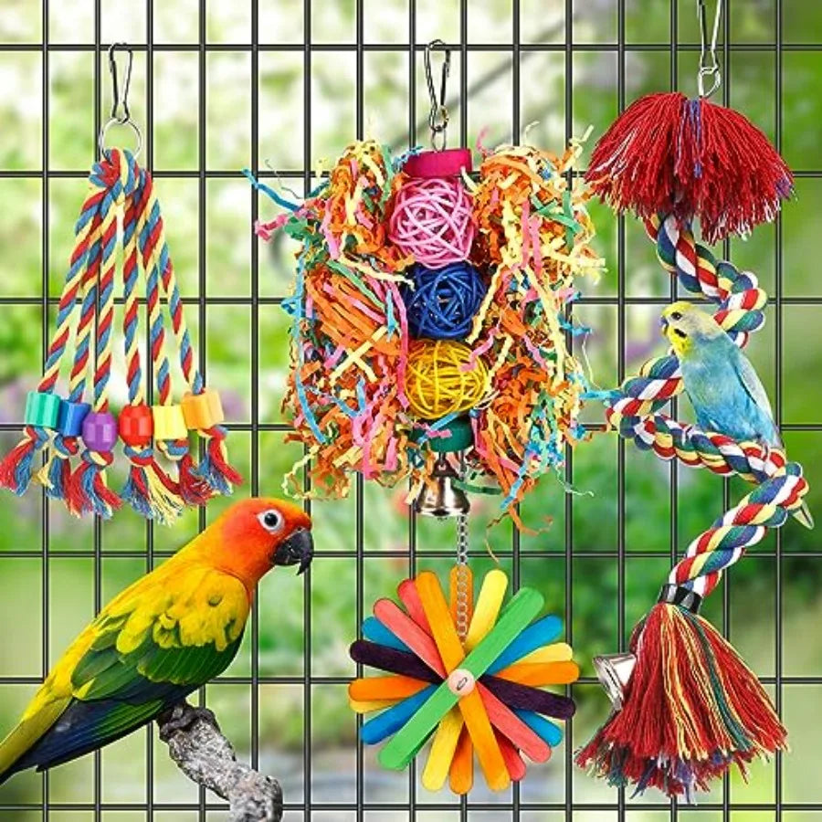 Bird Toys Rope Perch with Bell Colorful Bird Chewing Shredding Foraging Toys Parrot Swing Climbing Standing Hanging Toys Cage A