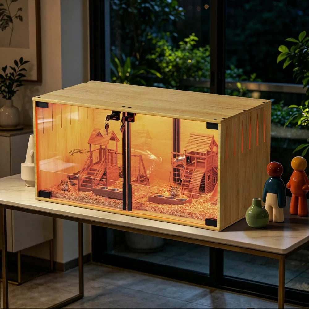 Wooden Hamster Cage With Dual Doors And Divider