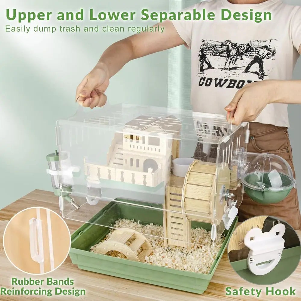 2-Tier Acrylic Hamster Habitat with Wooden Wheel & Hideout, Green Small Pet Mice House, 14L x 10W x 11H