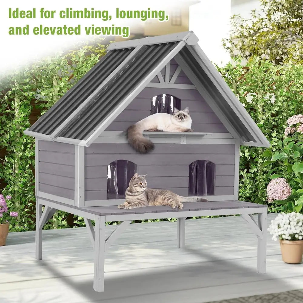 Outdoor Cat House Weatherproo eral Cat Shelter or Multiple Cats, 2-SIndependent Design with Ese-riendly Doand Spacious Porch