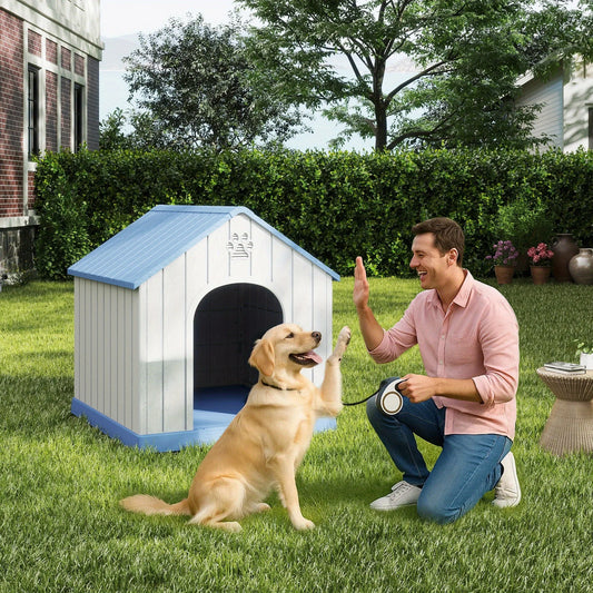Weatherproof Dog House Indoor Outdoor Use, Chew-Proof Ventilated Pet Kennel with Blue Shingled Roof & Window Panels, Durable Plastic Dog Shelter for Small Medium Dogs, Pet Food Storage Container,Eggshell-shaped Dog House Sold