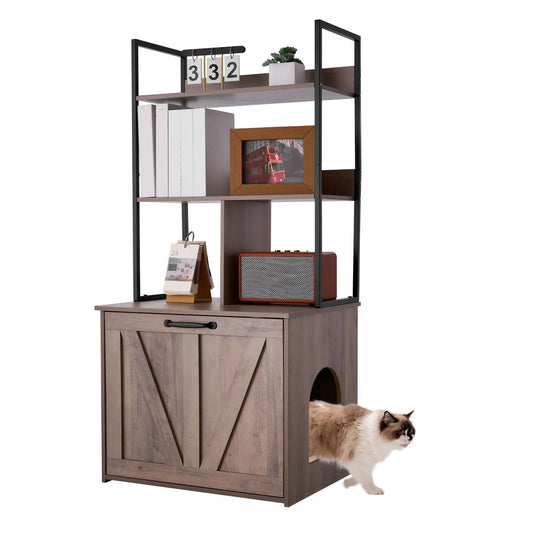 VEVOR Cat Litter Box Enclosure Furniture, 23.6 in / 27.6 in Hidden Litter Box Cabinet with Metal Legs & 2-Tier Storage Shelves, Cat Washroom Cat House, Fit Most of Litterbox, for Living Room White/light grey