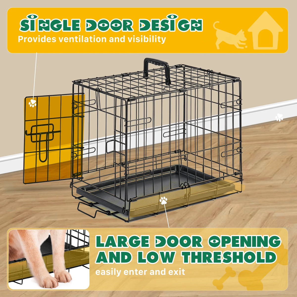 JHK Metal Dog Crate With Secure Lock Single Door Tray