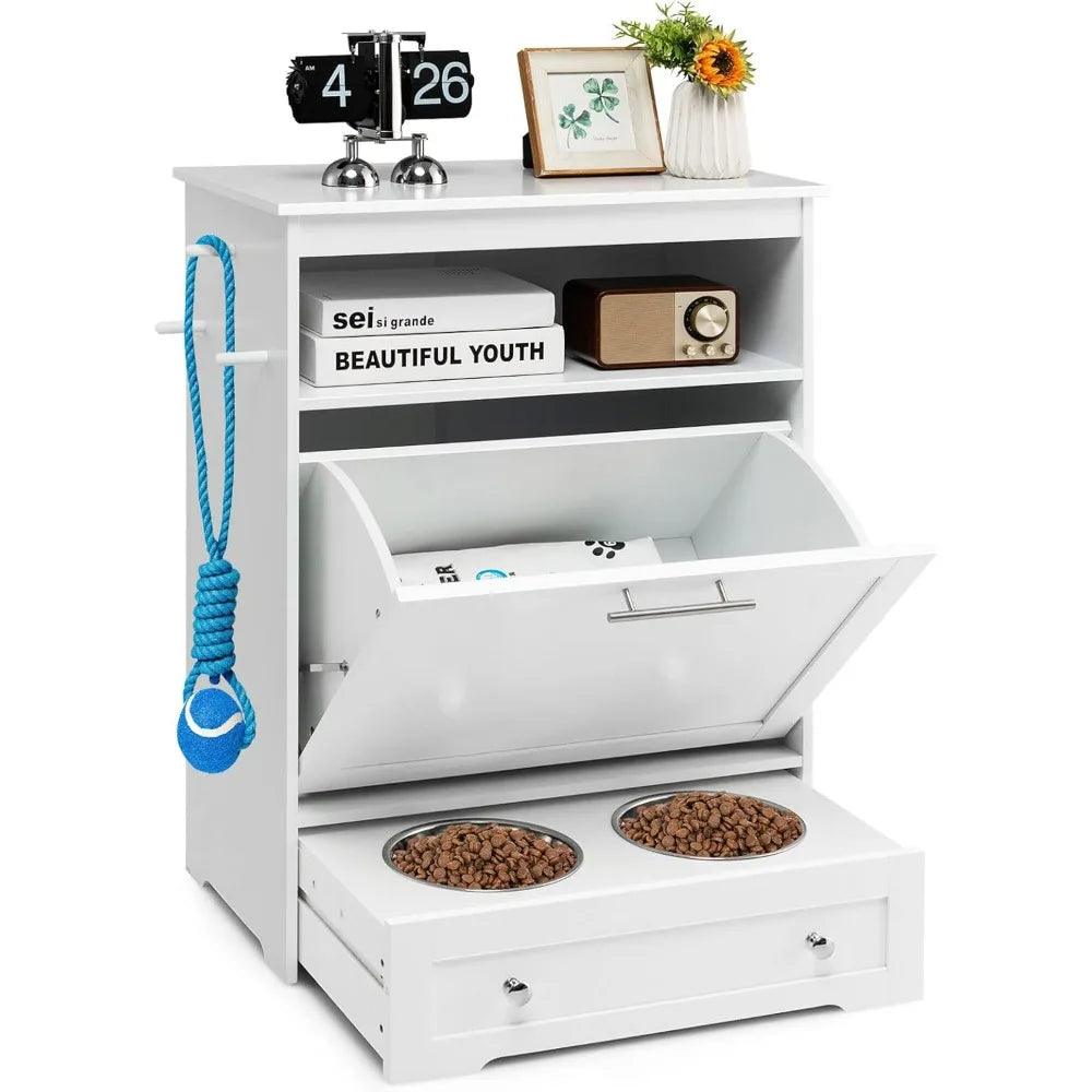 Pet Feeder Station With Double Pull Out Bowls And Storage Cabinet