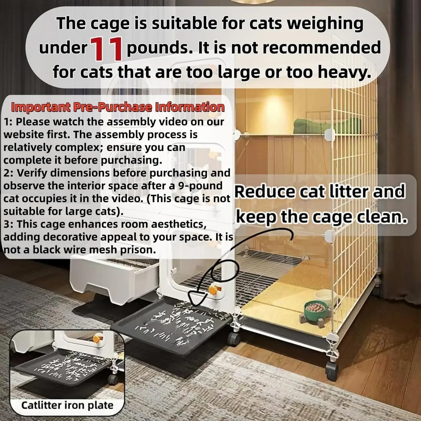 Large Cat Cage Indoor with Litter Box, Bed, Bowl & Cleaning Set, Wheels, White