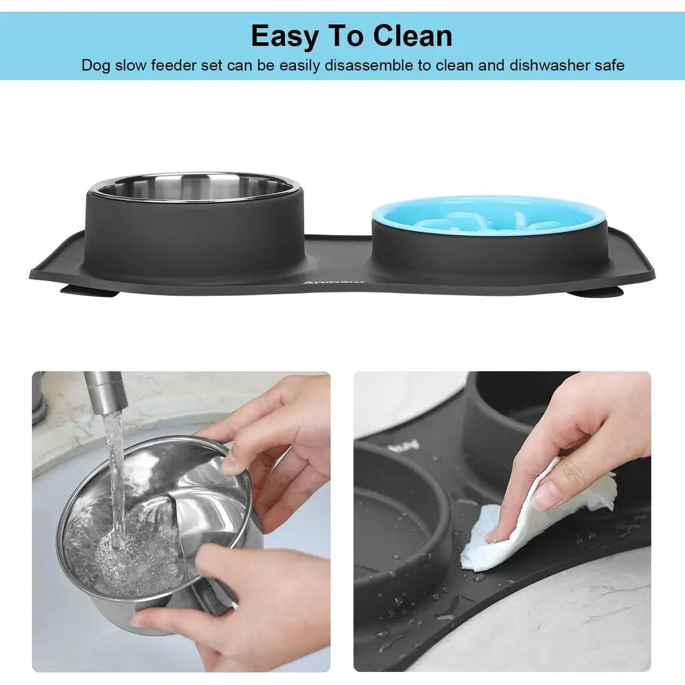 3 in 1 Stainless Steel Food and Water Bowls with Non-Spill and Skid Silicone Mat to Slow Down Eating for Large, Medium, Small Br