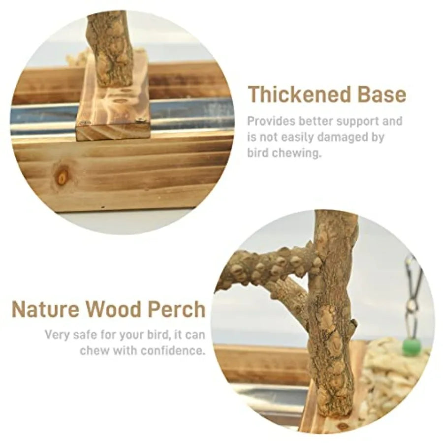Natural Wood Bird Playground With Perches Removable Tray And Cups