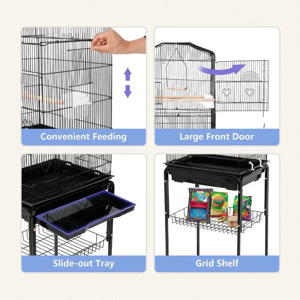 63.4 Inch Rolling Wrought Iron Parrot Cage with Side-out Tray, Storage Shelf, Pet Bird House for Parrot, Cockatiel, Cockatoo, Pa