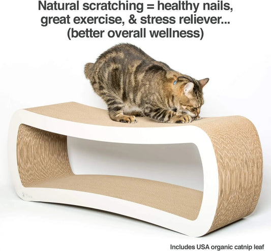 Jumbo Cat Scratcher Lounge, White. 39 x 11 x 14 inch 4 Cardboard Scratching Surfaces and 2 Levels, Scratch, Play, Perch