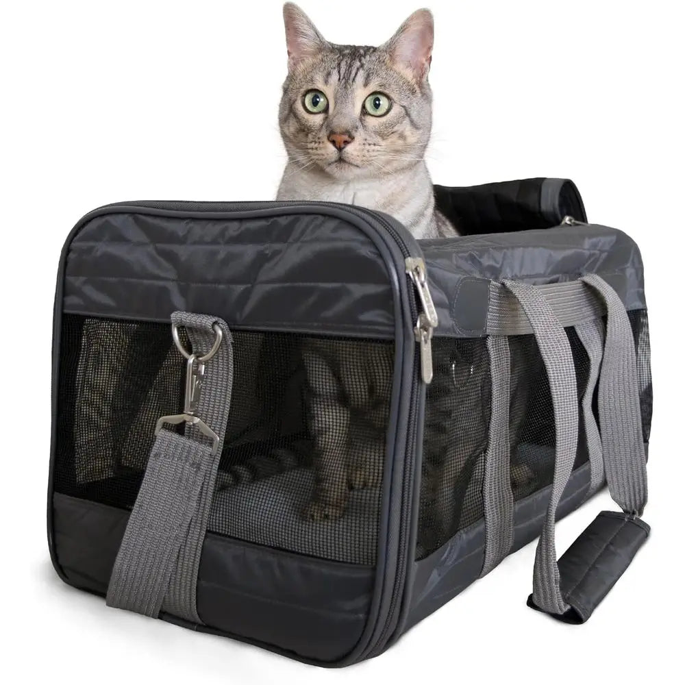 Pet Carrier Airline Approved with Spring Wire Frame - Cat & Dog Carrier for In-Cabin Travel, Mesh Ventilation, Locking Zippers -