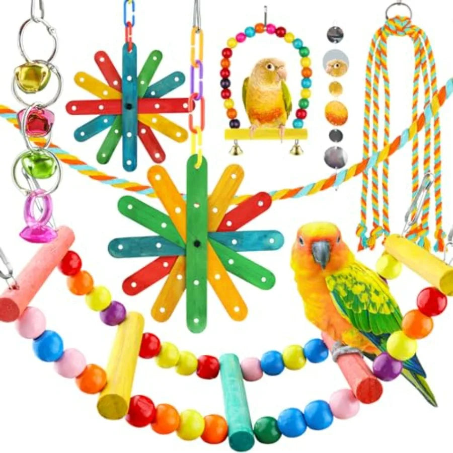 Parakeet Bird Toys 8-Piece Set With Colorful Ladder Hammock Bells