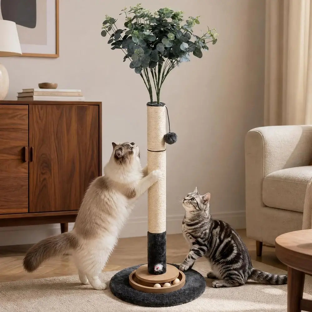 35 Inch Cat Scratching Post, Eucalyptus Sisal Rope Cat Tree Tower with Hanging Ball & Interactive Mouse Toy, Durable Scratcher f
