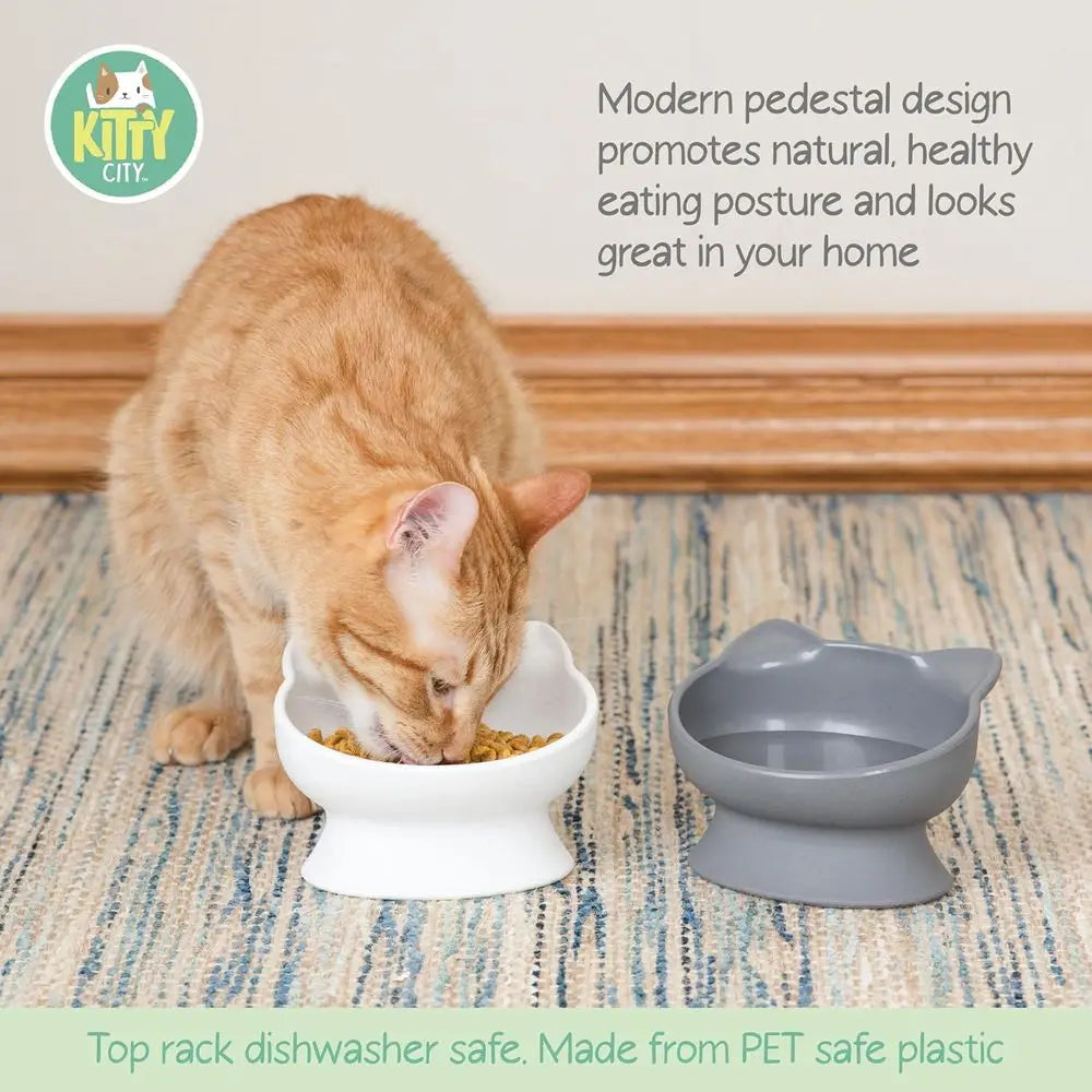 Elevated Cat Bowls (Set of 2), Raised Cat Food & Water Dishes, Pedestal Design, Dishwasher Safe, 6.5 oz Each – White & Gray