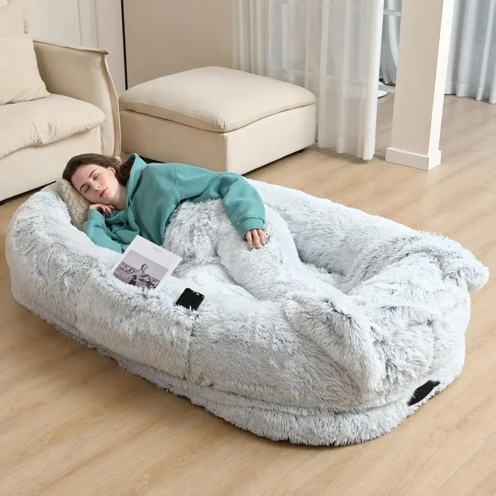 Hot salesExtra Large Human Dog Bed for Adults and Pets, Washable Faux Fur Orthopedic Cushion with Pillow, Blanket, Strap - Grey