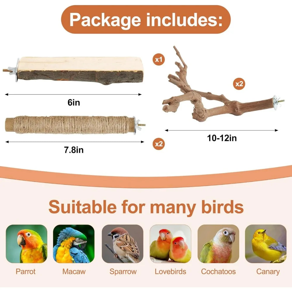 Natural Wood Bird Perch Set 5PCS Paw Grinding Fork Branch with Rope for Medium Birds Cage Accessories