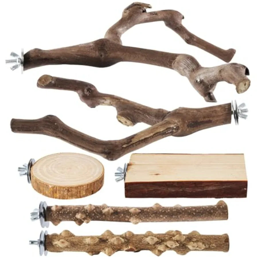 6-Piece Bird Perch Set - Natural Wood Grape Sticks, Paw Grinding Forks, Bird Stand and Toys for Parakeets, Cockatiels, Conure,