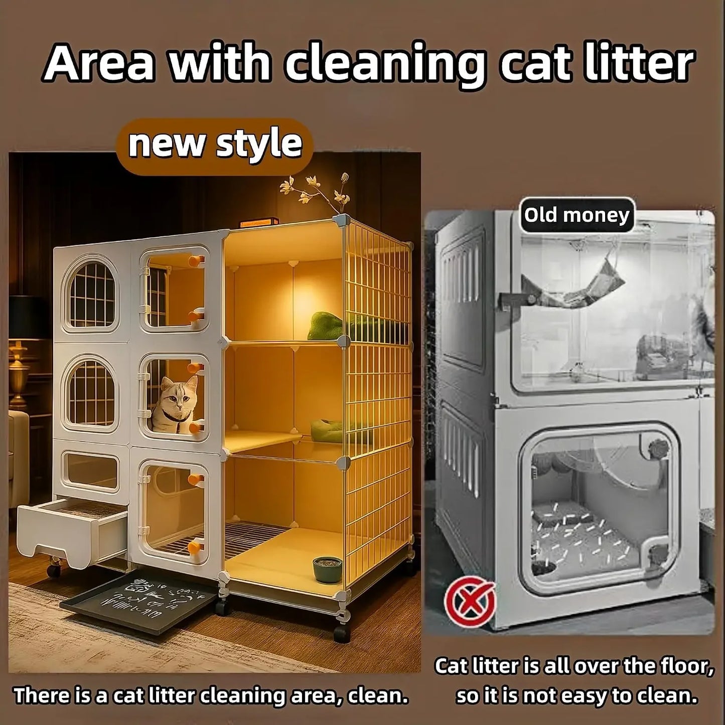 Large Cat Cage Indoor with Litter Box, Bed, Bowl & Cleaning Set, Wheels, White