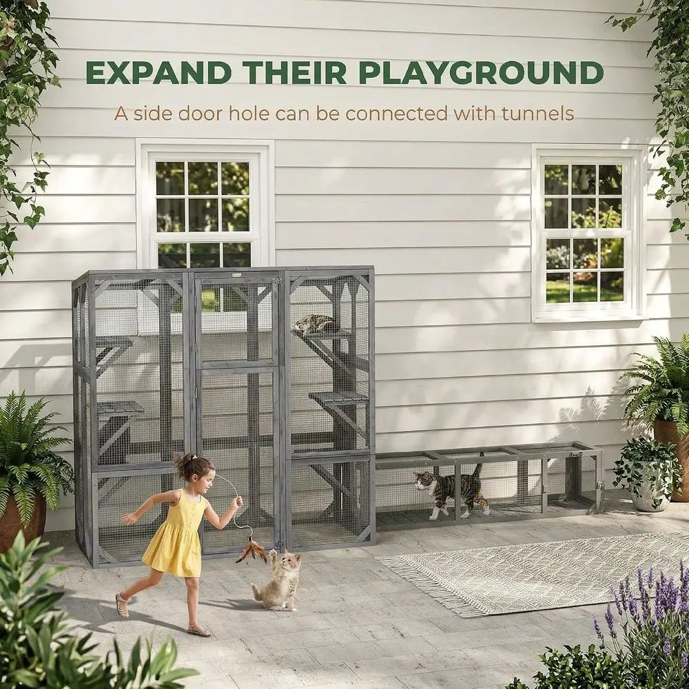 Outdoor Cat Enclosure Large for 1-3 Cats 59 x 28 x 60 Gray | Wooden Cat House, 6 Jumping Platforms, Weatherproof Roof, Outdoor K