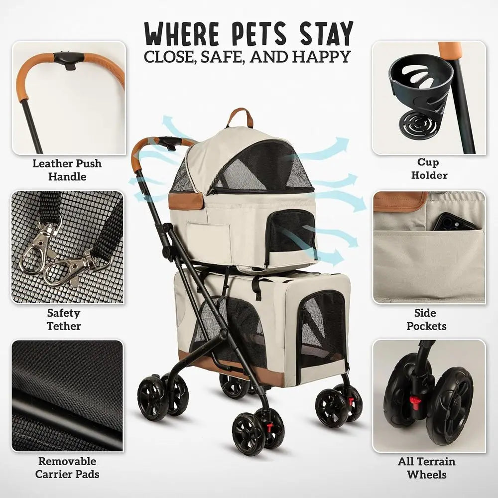 Ticify Double Pet Stroller With Detachable Carriers For Two Pets