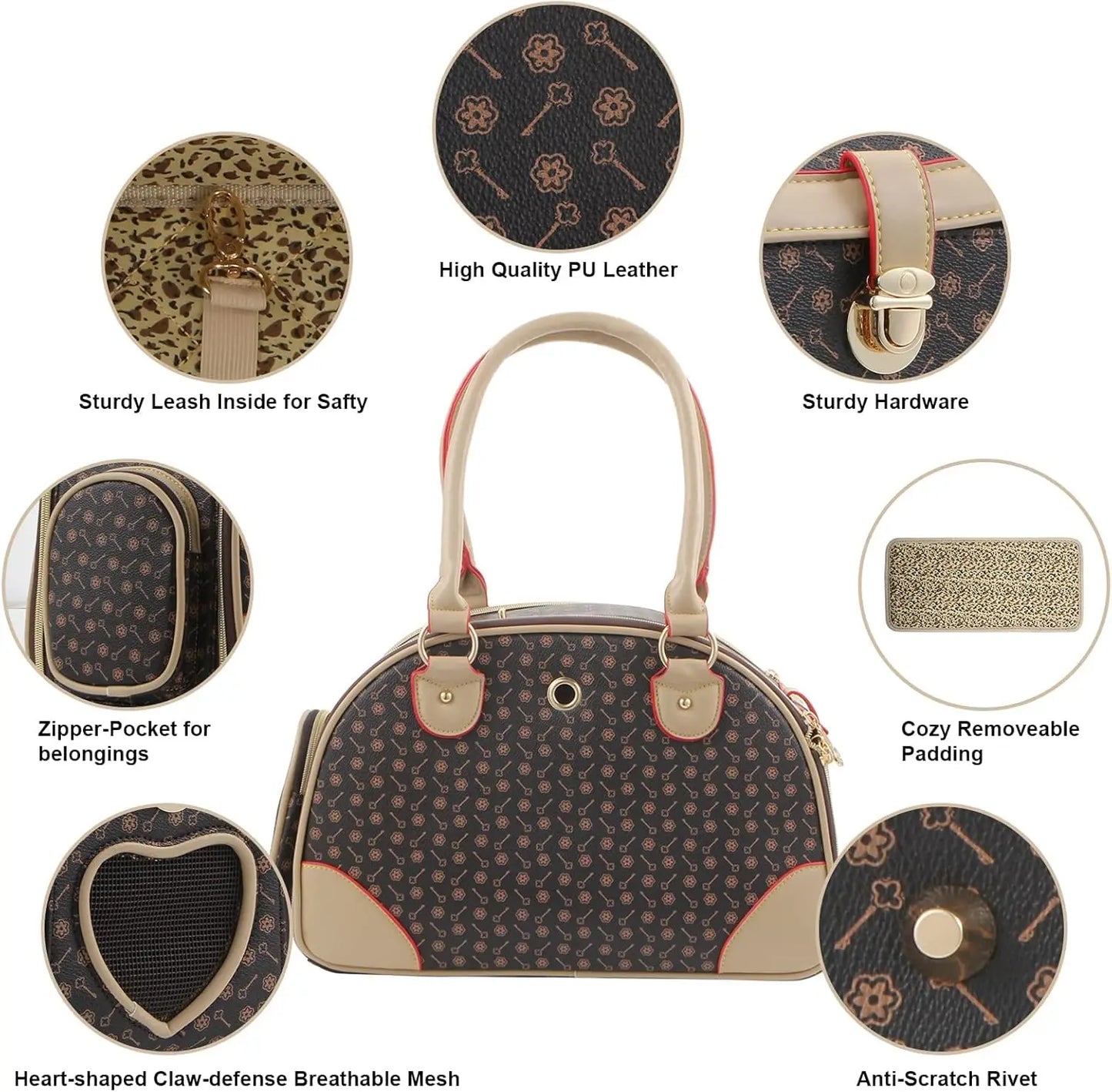 Fashion Dog Carrier PU Leather Handbag Pet Tote Hiking Bag Brown Small 38x23x17cm