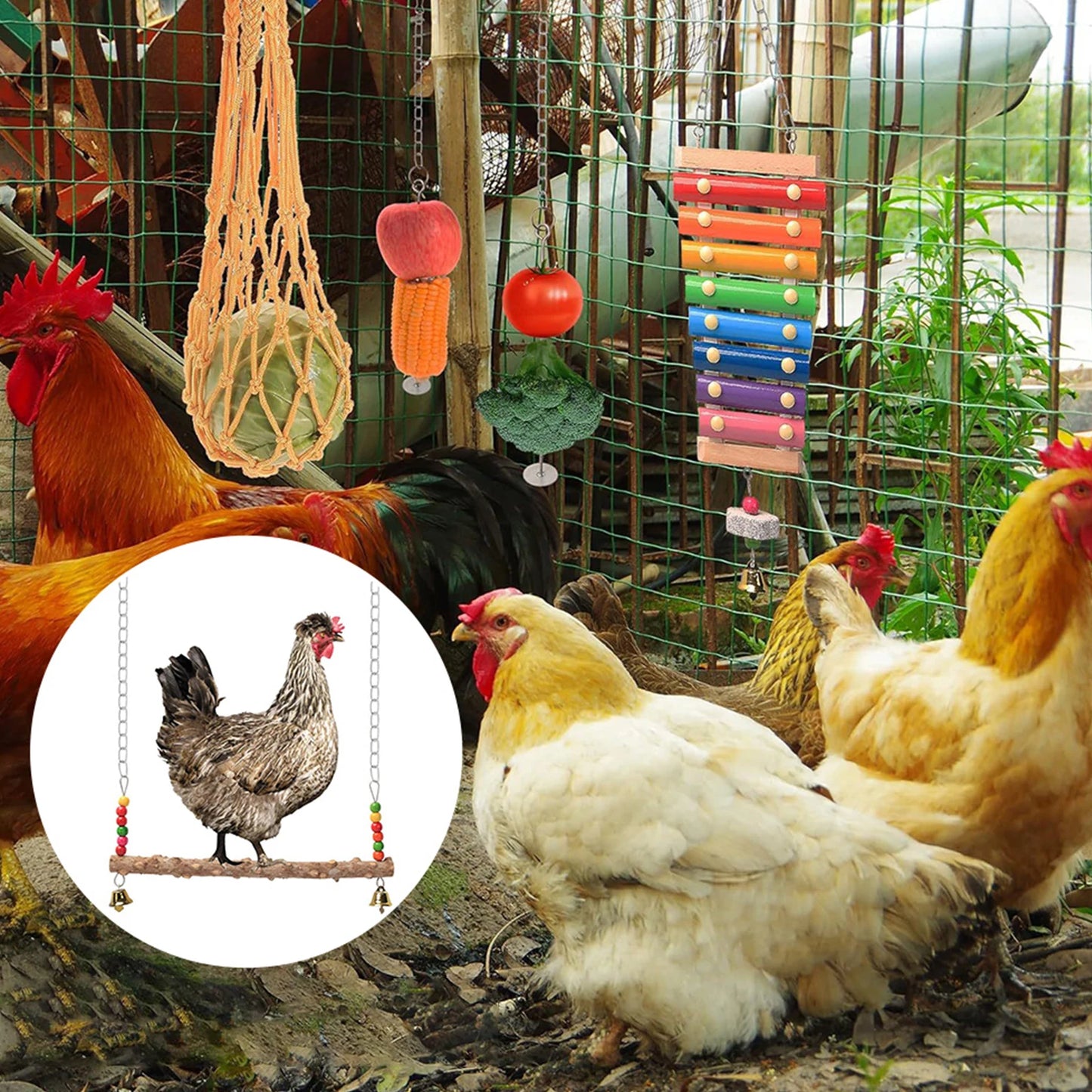 7PCS Chewing Foraging Toy with Wooden Hanging Feeder Chewing Training Toy for Budgerigar Parakeet Conure Cockatiel Mynah