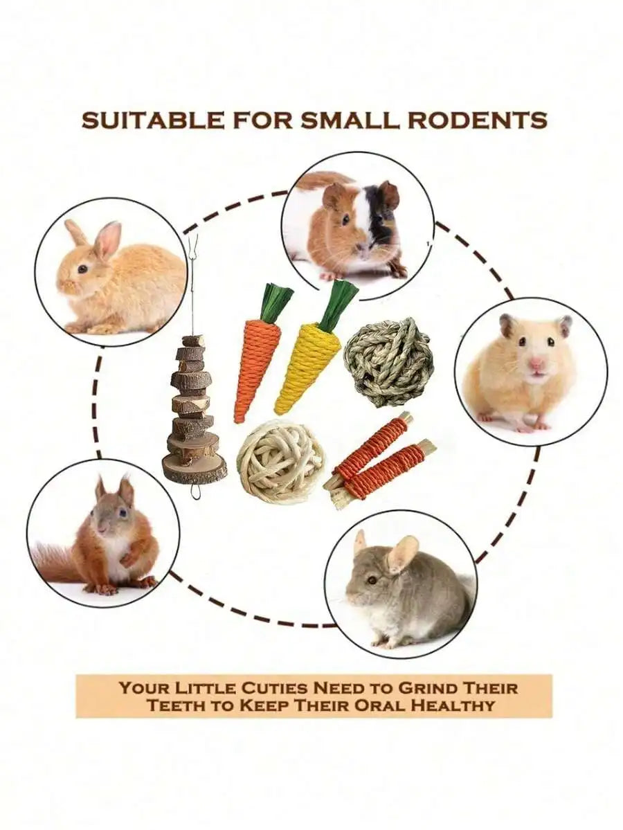 7-Piece Small Pet Teething Toy Set For Rabbits Hamsters Dental Care Chew Toys Wooden Loofah Grass Ball