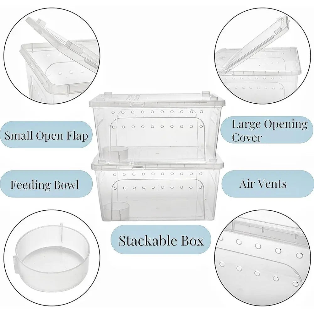 Portable Clear Plastic Terrarium Enclosure, 12.6x8.7x6 with Feeding and Water Bowls, Ventilated Lid for Small Pets