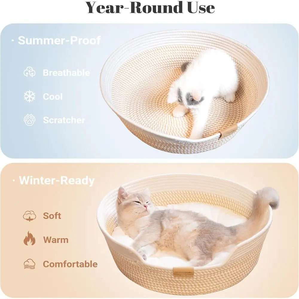 Cat Bed Basket with Cushion, Cotton Rope Woven Pet Bed, Indoor Cats Couch, Stimulicat Handwoven Breathable, All Season (White)