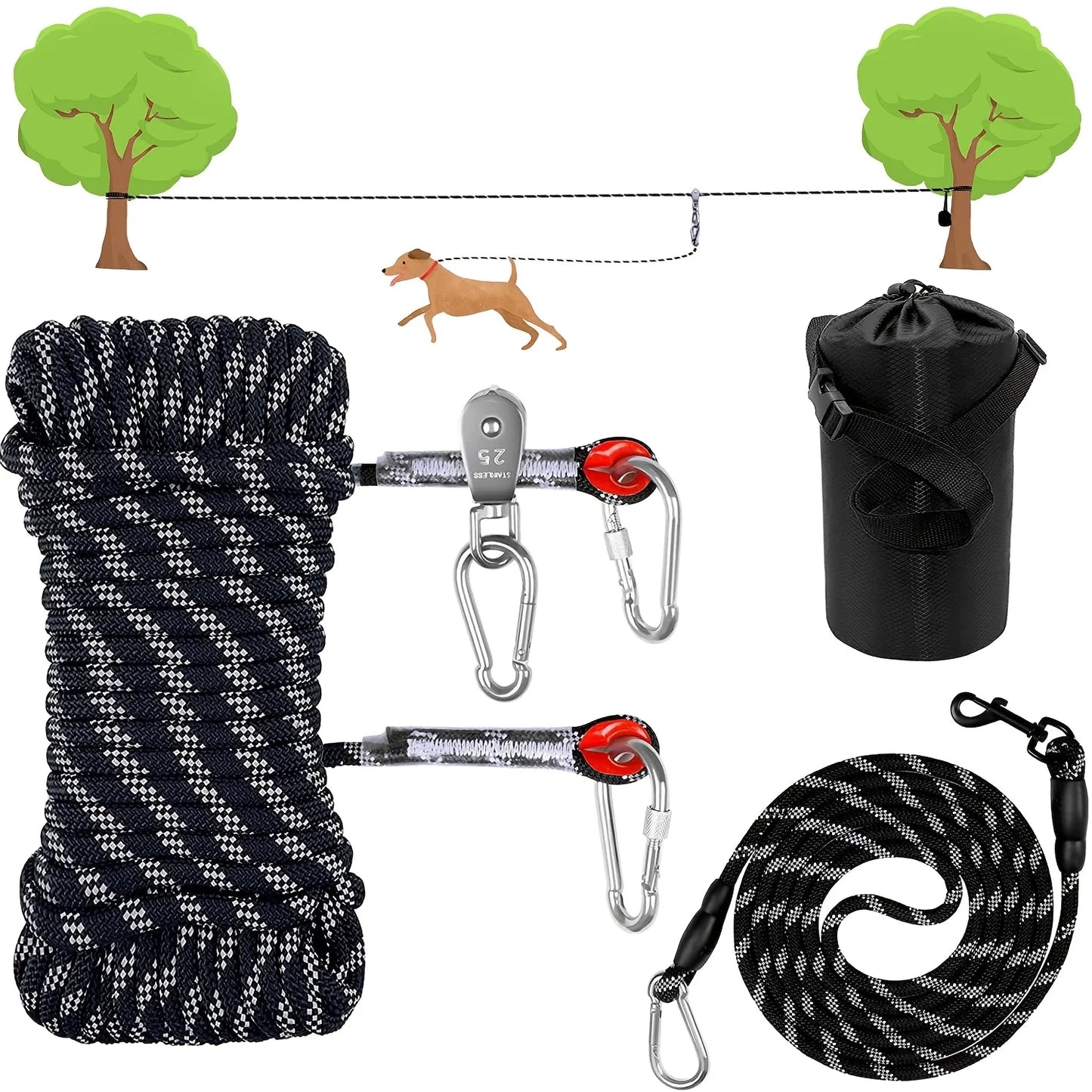 Portable Dog Trolley System For Camping - 75ft Heavy Duty Overhead Runner With Reflective Cable For Dogs Up To 200lbs - Easy Setup For Yard, Park, Hiking & Outdoor Adventures